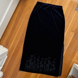 Vintage 90s Stretch Velvet Pull On Maxi Skirt with Side Slit Glitter Flower Trim